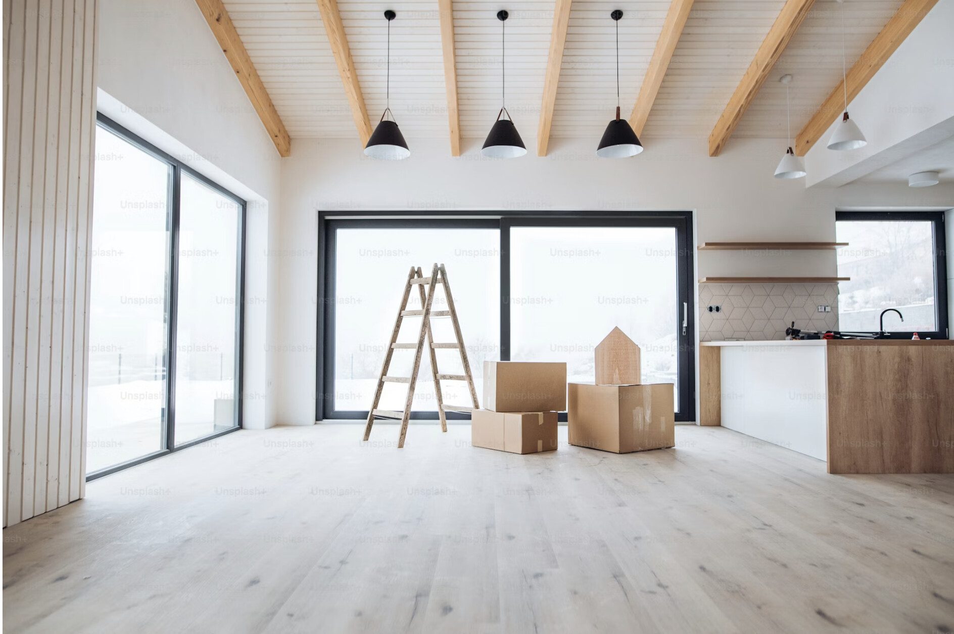 Bright Edmonton rental interior with vaulted wood ceilings, ready for move-in
